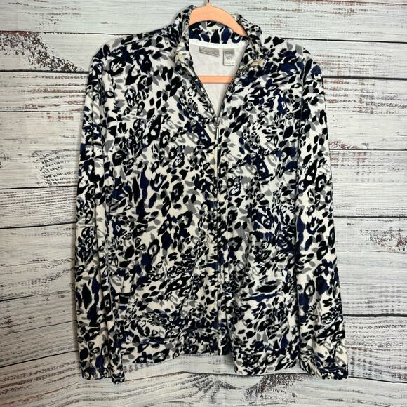 Chicos Leopard Print Fleece Full Zip Jacket Black & Blue sz 2 US-Lg - Picture 1 of 3